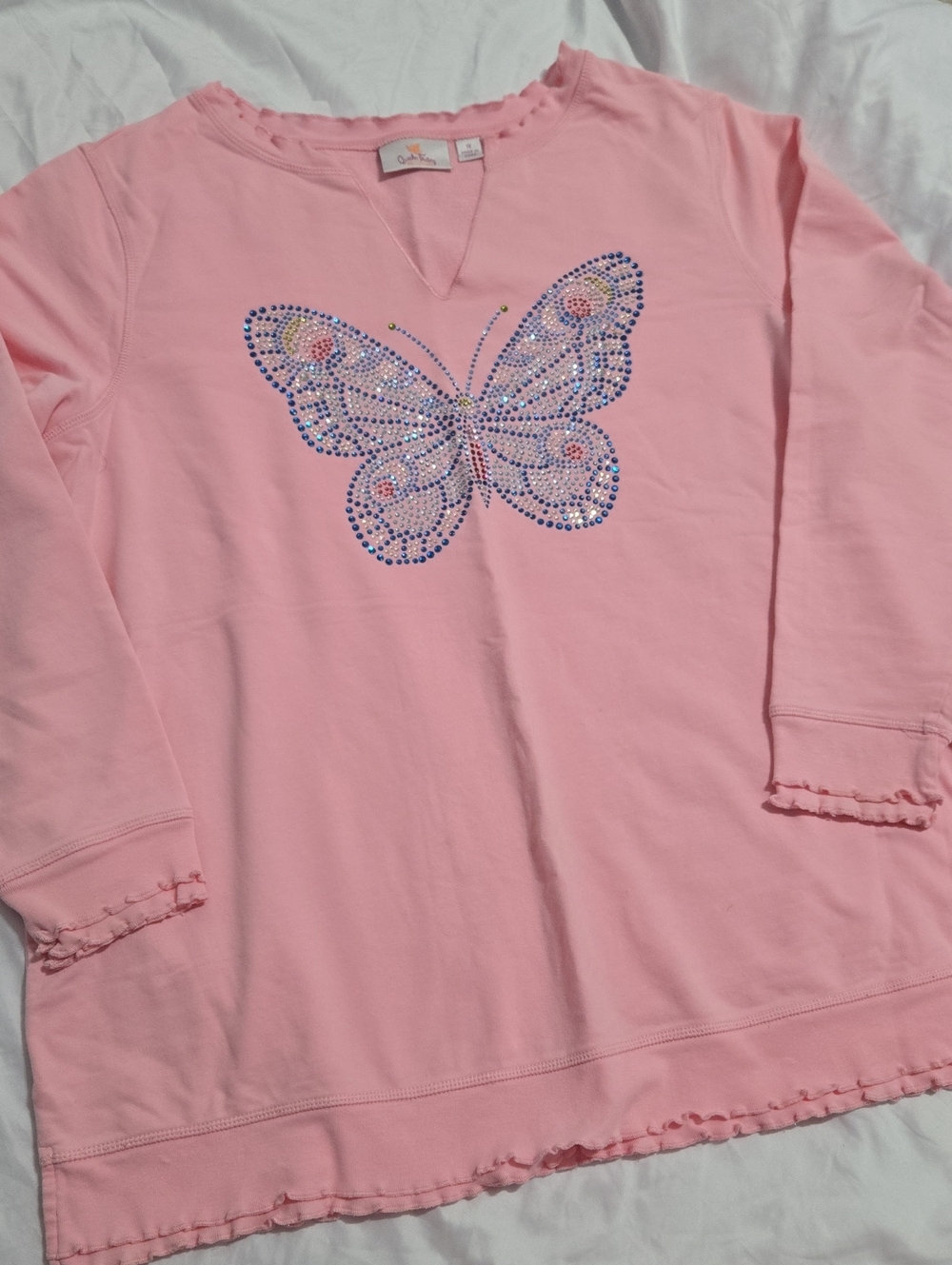 Quacker Factory Floribunda Butterfly Embroidered 3/4-Sleeve Top Pink Top